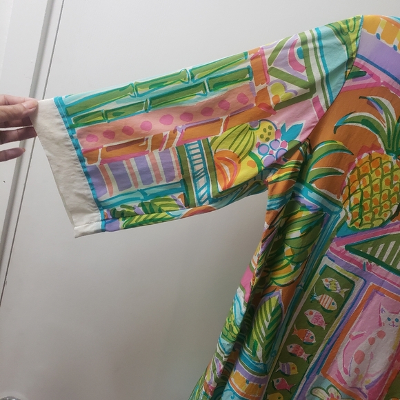 Bob Mackie Wearable Art Silk Open Front Kimono Top Cats Monkeys Fruit Fish sz S - Picture 14 of 16